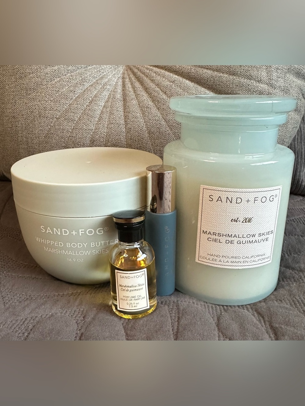 SAND + FOG Marshmallow Skies Body Butter, Candle & Oil Roller/Bottle Bundle